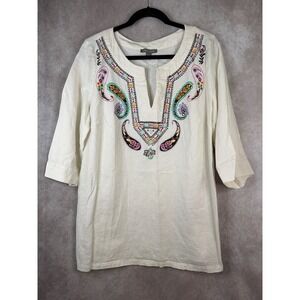 Jessica London Tunic Top 20W Cream‎ White Linen Blend Embroidered Boho 3/4 Slv